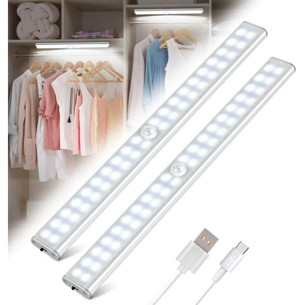 40 luces LED para armario, luz para armario con sensor de movimiento, tira  de luz LED recargable por USB, lámpara para armario, tira de luz LED  magnética para noche, 30 cm (blanco
