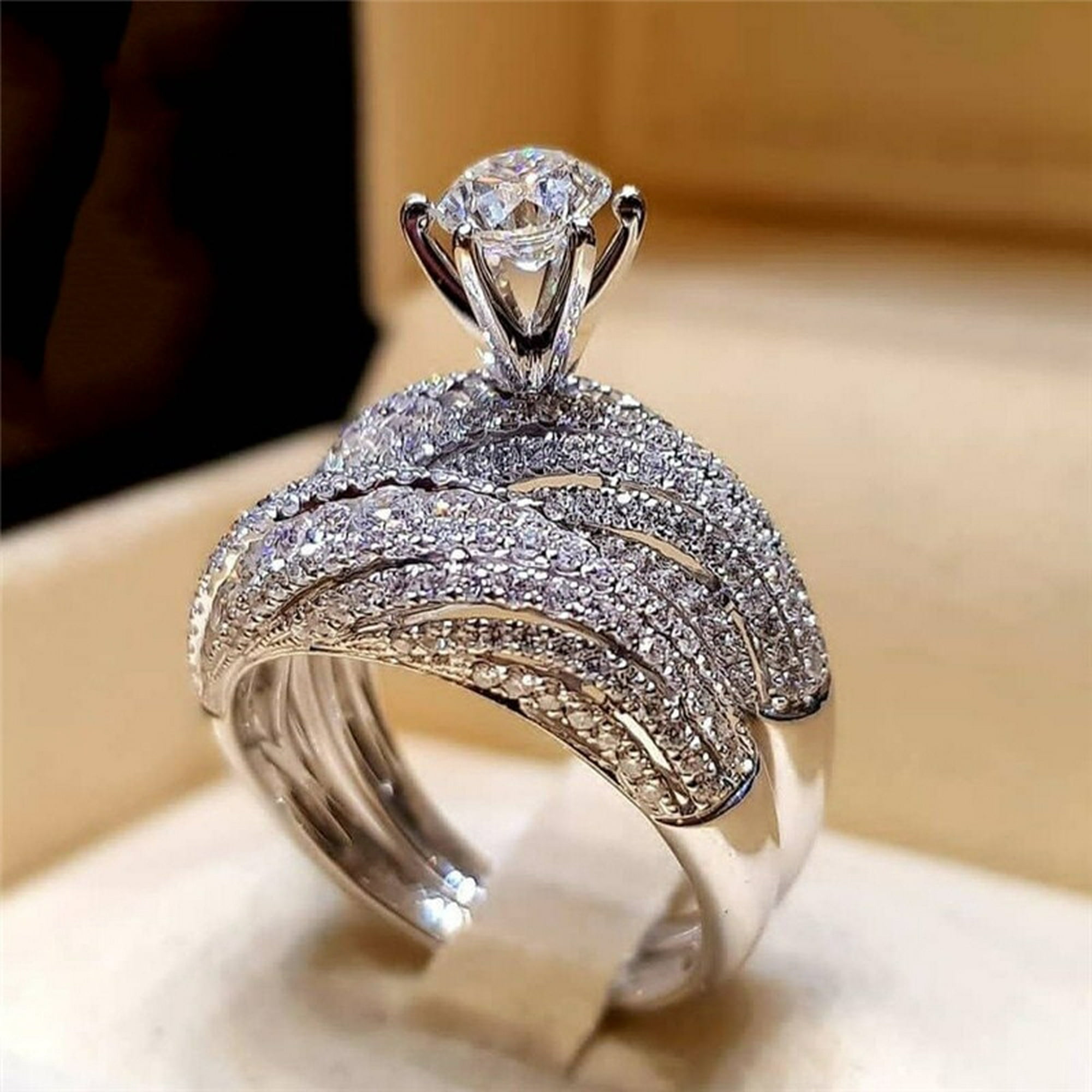 Conjunto de anillos elegantes para mujer, joyería de moda de compromiso de  boda de Color plateado con anillo femenino de circonio Cubiz brillante