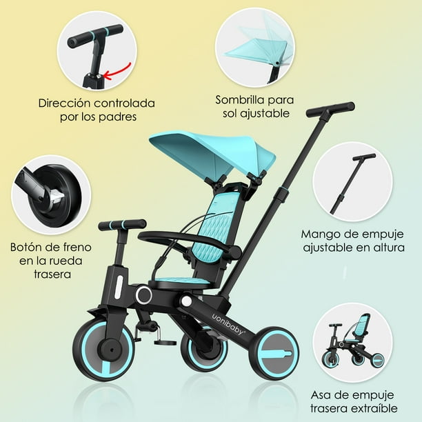 Triciclo de bebé 7 en 1, triciclo plegable para niños pequeños con mango de  empuje extraíble ajustable, arnés de seguridad, freno, asiento giratorio