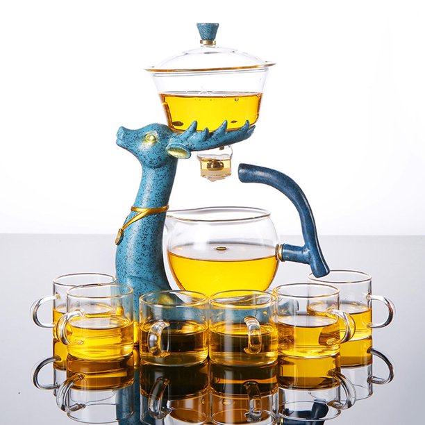 Lazy Kungfu Juego de tetera de cristal resistente juego de té de cristal  para café con tapa giratoria magnética de desviación de agua, cuenco