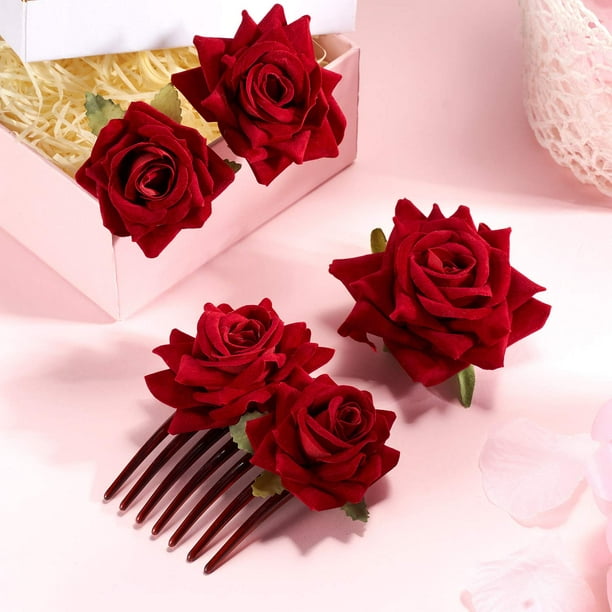 Bememo Paquete de 2 pinzas para el cabello con flores de rosas para mujer,  accesorios para el cabello de flores de rosa, pinza para el cabello de