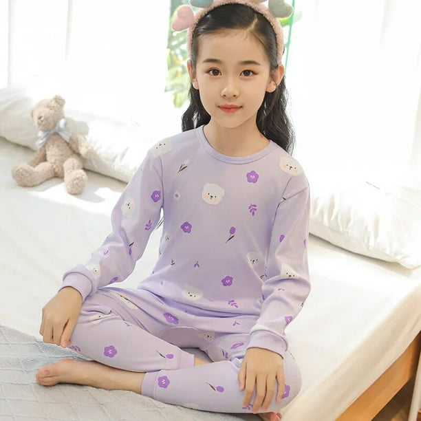 Pijamas de invierno para niños y niñas pequeños, ropa interior de manga  larga a rayas cálidas y gruesas, ropa interior (morado, 4-5 años)