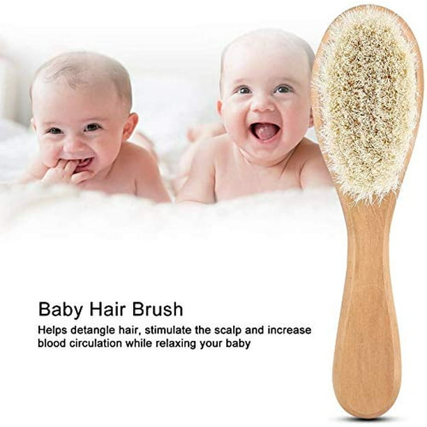 Juego de cepillo y peine para el pelo del bebé, recién nacidos y niños  pequeños, cerdas suaves naturales de cabra, cepillo de baño con mango de  madera