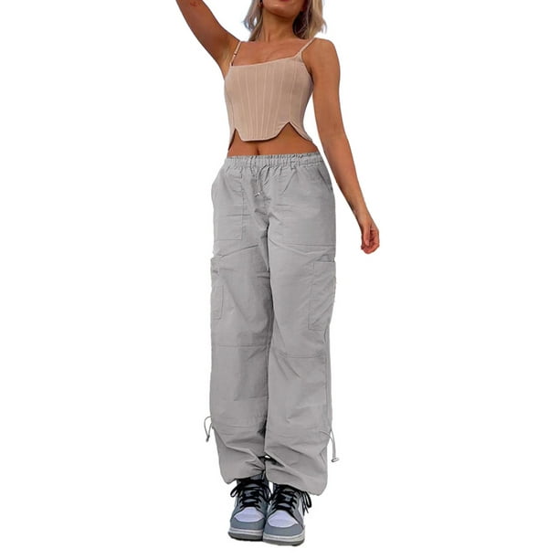 Pantalones cargo elásticos de cintura alta para mujer - Gris