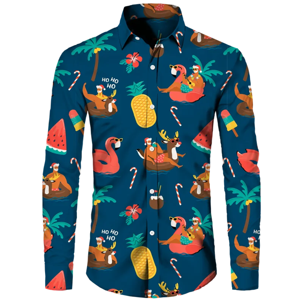 Camisa hawaiana con tema navideño de Papá Noel para hombre, Tops