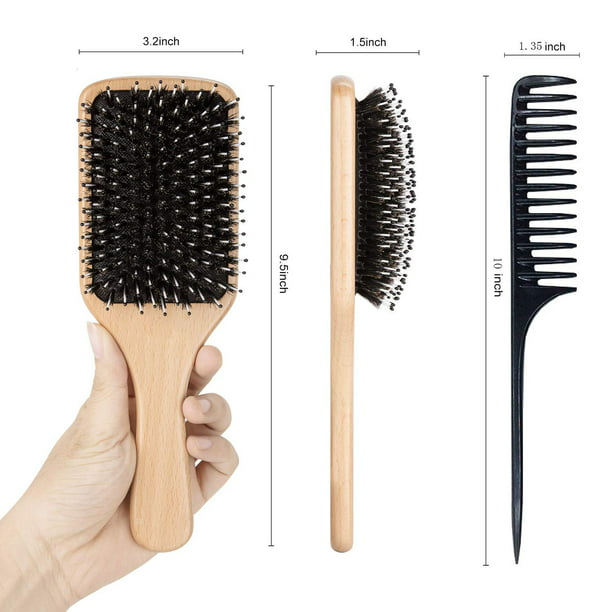 Juego de cepillos de pelo con cerdas de jabalí para cabello rizado, grueso,  largo, fino y seco, el mejor cepillo desenredante de paleta de bambú para