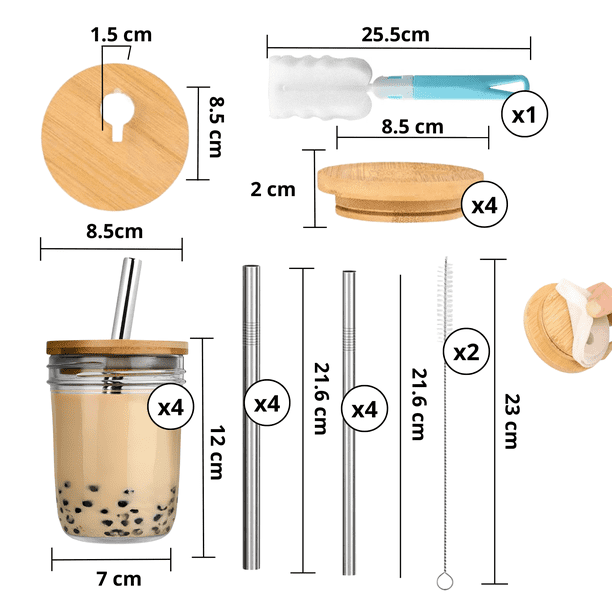 Vasos De Vidrio Con Tapa De Bambú Tapioca Popote Ecomlab 4 Piezas 500 Ml