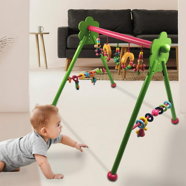 Gimnasio de madera para bebés con alfombra, marco de gimnasio plegable para  bebés, barra colgante de gimnasio con 5 juguetes de gimnasio, tapete de