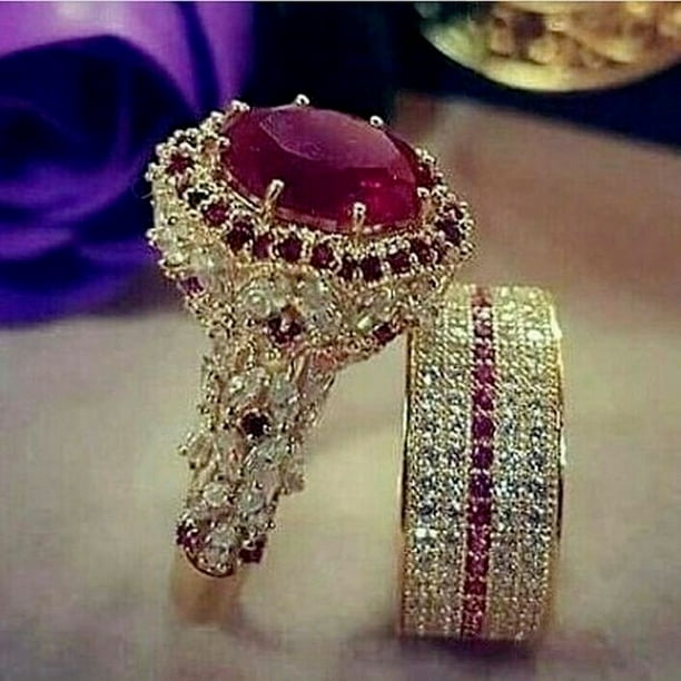 Elegante anillo de Hip Hop de Color dorado para mujer, conjunto de anillos  de boda con piedras rojas Dengxun unisex