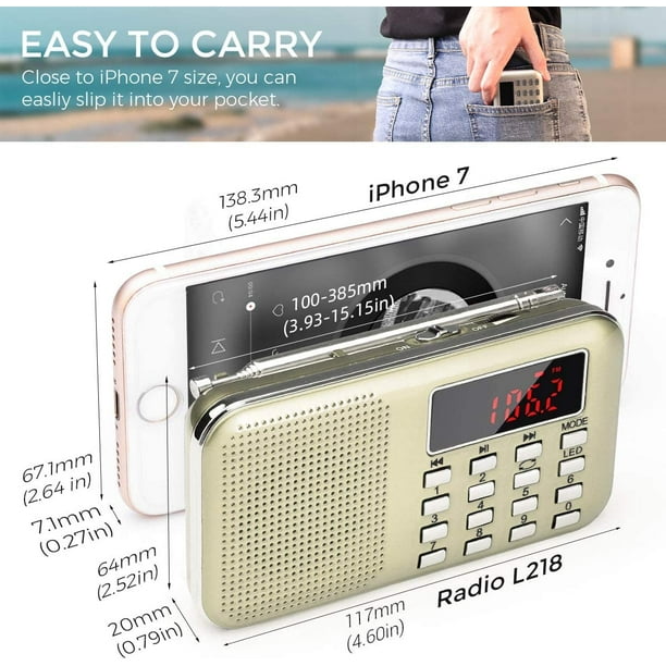 Mini radio portátil AM FM Radio de bolsillo con MP3, linterna LED, altavoz  de radio digital compatible con tarjeta Micro SD/TF/USB, ahorro de escaneo
