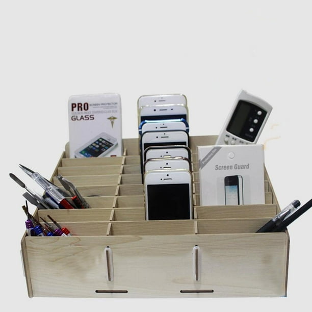24- Soporte de madera para teléfono celular, organizador de escritorio para  teléfono móvil, caja de almacenamiento de múltiples cuadrículas, caja