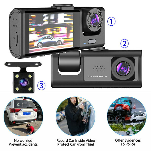 Cámara De Tablero Cámara de vídeo auto del coche DVR HD 1080P de 3 lentes  detección de movimiento granangular de 170 grados Ndcxsfigh Accesorios para