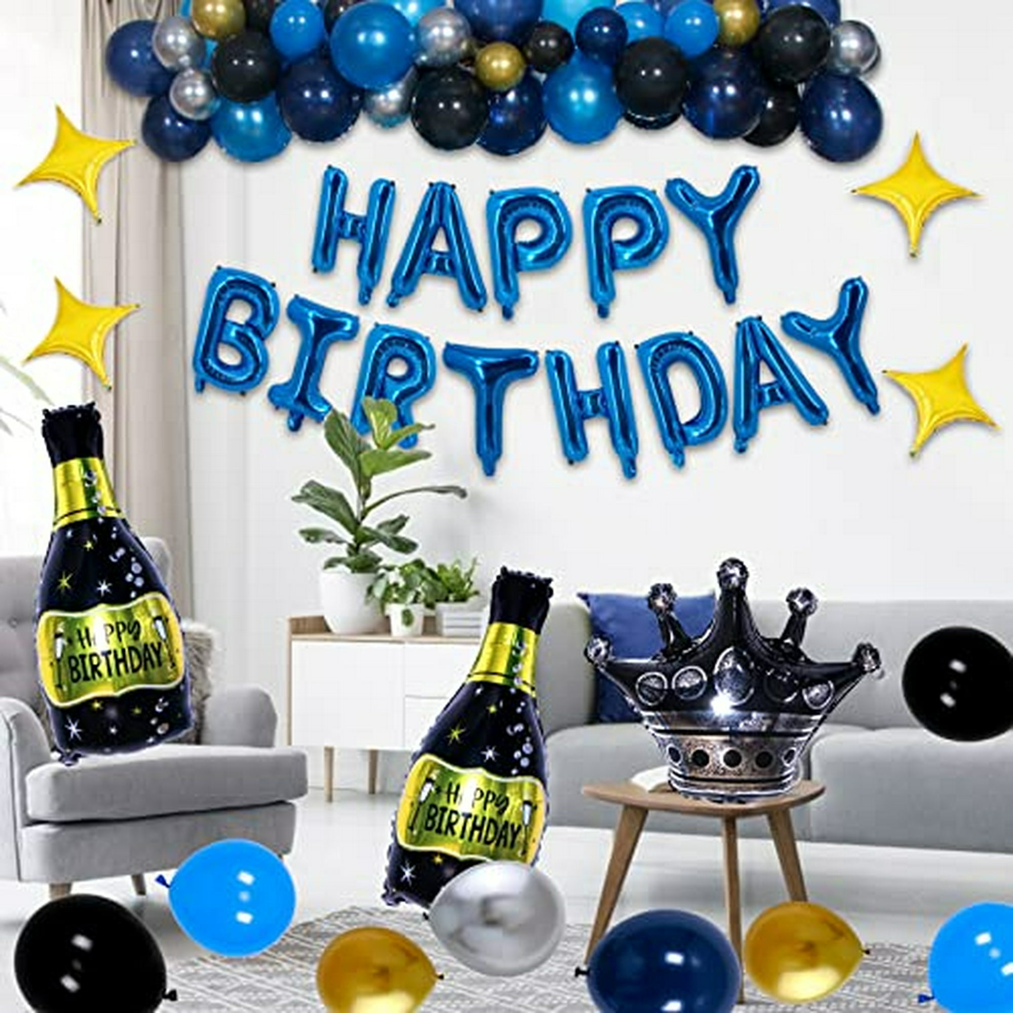 Decoración de cumpleaños número 18 para hombres y mujeres, globos azules,  pancarta de feliz cumpleaños, cortina metálica con flecos para suministros