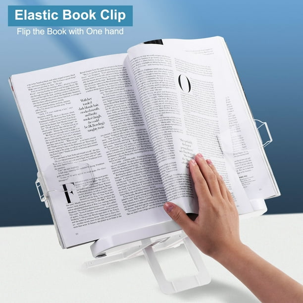 Soporte para libros para lectura, soporte ajustable con base giratoria de  360° y clips de página, plegable de escritorio para libros de cocina