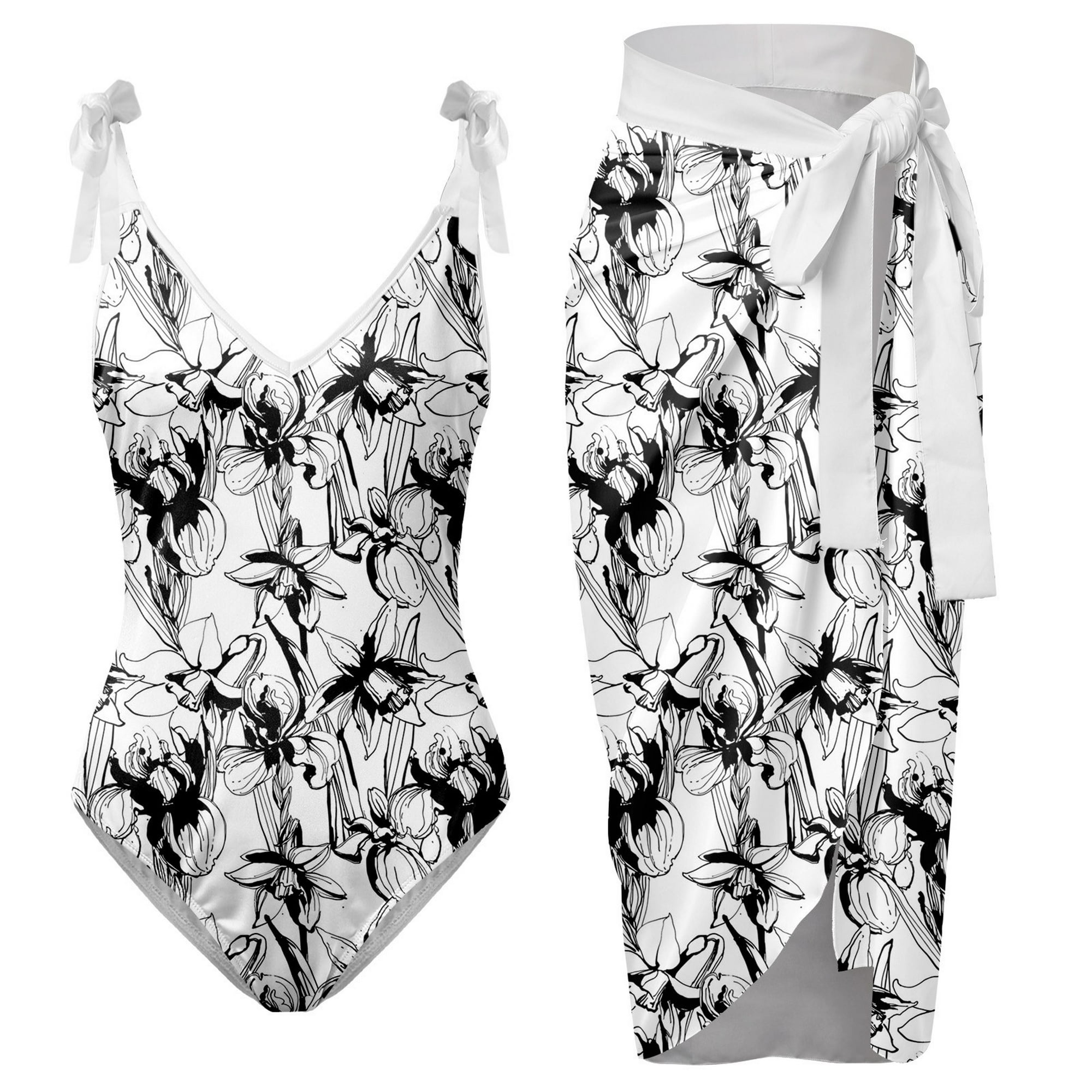 Gibobby traje de baño de una pieza traje de baño con estampado de flores y cuello en v para mujer conjuntos de bikini con falda y delantal(Blanco,g)
