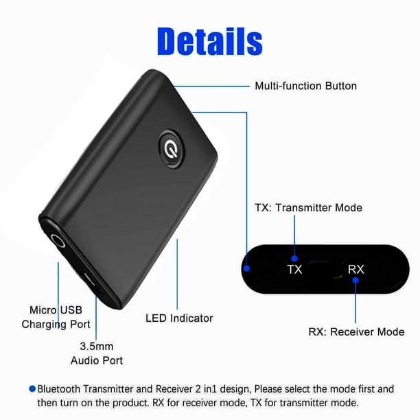 Receptor transmisor Bluetooth 5.0, adaptador Bluetooth de audio inalámbrico  de 3,5 mm 2 en 1, 2 dispositivos simultáneamente para TV / sistema de  sonido doméstico / automóvil
