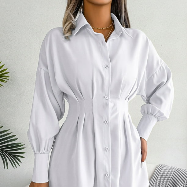 Camisas De Mujer Vestidos Mini Fajas Camisa De Manga Corta Para Mujer  Vestido Blanco Sólido Turn Down Collar Bolsillo Verano Simple Casual 210518  De 10,08 €