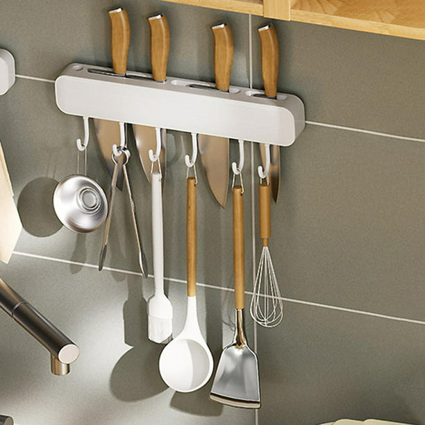 Soporte para utensilios de cocina de 14 pulgadas para colgar en la pared,  ganchos de fila, estante para colgar cucharas, espátula, 6 ganchos (blanco)