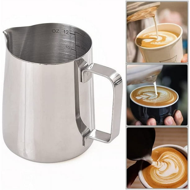 Jarra de espuma de leche de 12 onzas jarra de café espresso capuchino jarra  de café de acero inoxidable Latte Art Barista jarra de leche escala de  medición taza de café de