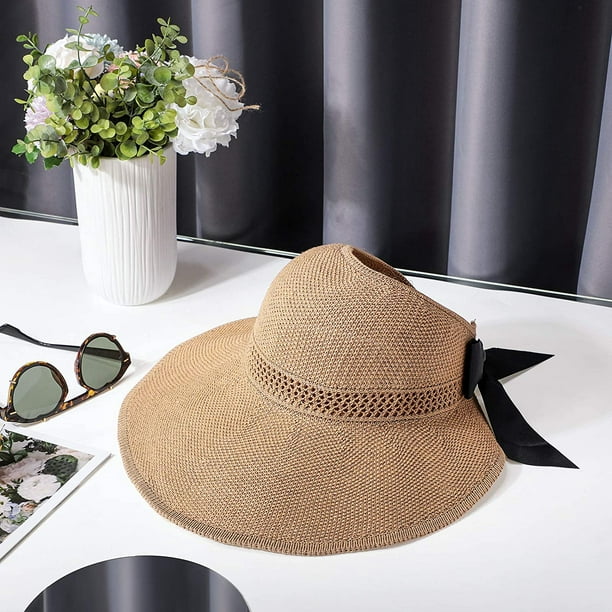 Sombrero de paja para el sol para mujer Sombrero de playa para el sol de  ala ancha de verano Sombrero para el sol empacable de verano (estilo  elegante con diseño abierto)