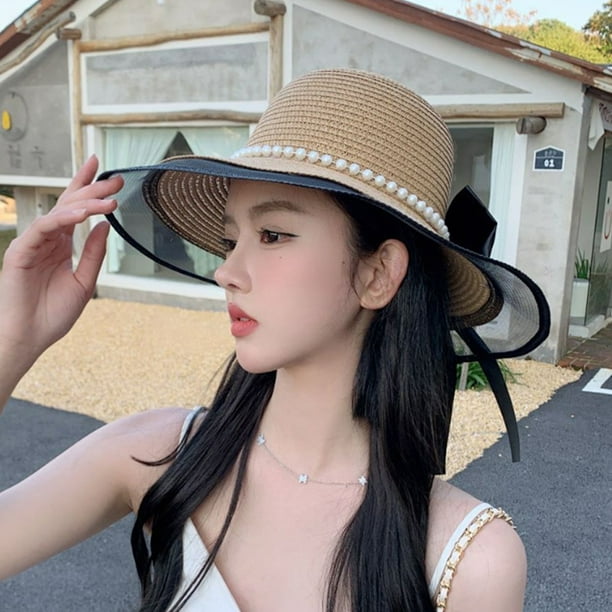 56-58 cm circunferencia del sombrero lazo femenino sombrero de paja perla  sombrero protector solar sombrero para el sol playa borde grande sombrero  de playa
