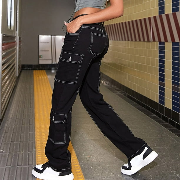 Gibobby Pantalones cargo para mujer de moda Pantalones cargo Mujer Ropa  holgada de ajuste relajado Pantalones de mezclilla negros Cintura alta  Cremallera(Negro,CH)