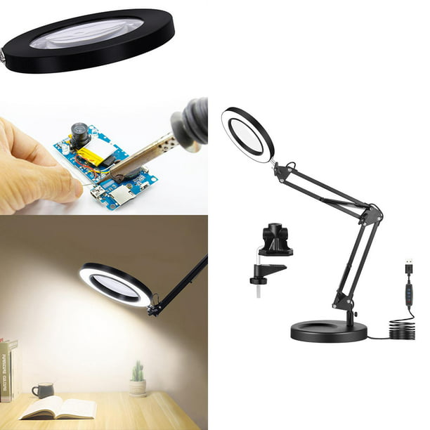 Lámpara de LED, lámpara de escritorio con lupa 5X con lámpara de USB de de  4.13 de diámetro para lectura / oficina / banco de Base de clip + Base  redonda Sunnimix