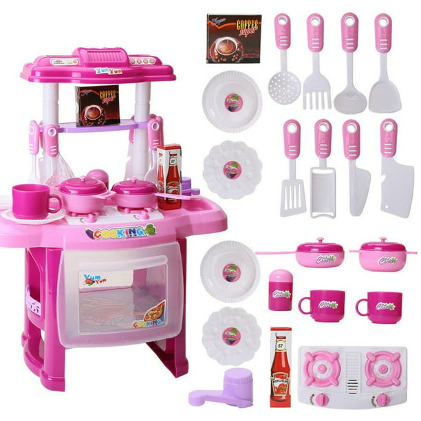 Costzon Juego de cocina para niños, juego de cocina de madera con sonido de  imitación, fregadero, estufa, nevera, horno, microondas, juego de juguetes