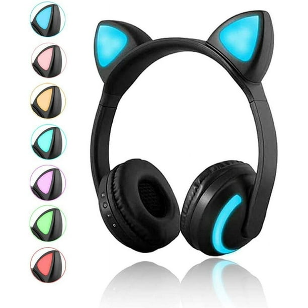 Auriculares inalámbricos con orejas de gato para niño y niña, audífonos con  luz Flash, Micrófono, Control LED, estéreo, música, teléfono, Bluetooth,  regalo