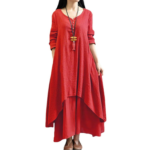 reservorio eterno Muscular Nueva moda mujer Casual vestido suelto sólido manga larga Boho largo Maxi  vestido Tomshoo Rojo XXXL | Walmart en línea