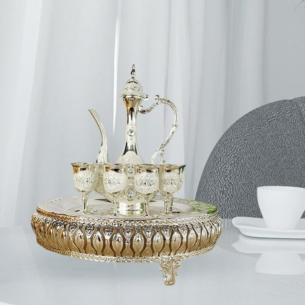  CITZAS Juego de tetera turca vintage, juego de té que incluye 6  tazas de metal, tetera y taza para regalo de boda, decoración de mesa de té  (plateado) : Hogar y