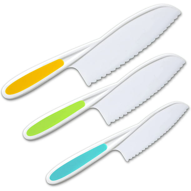 Juego de 3 cuchillos para niños - Agarre firme, bordes dentados y seguro -  Coloridos cuchillos de cocina de nailon para niños pequeños para cortar  frutas, ensalada, pastel, lechuga (multicolor) Adepaton WMSS-91