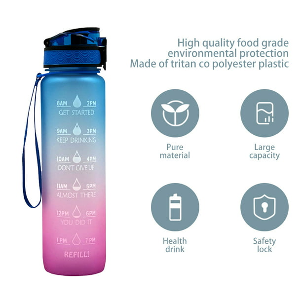 Botella de agua deportiva motivacional de 32 onzas con marcador de tiempo y  popote, boca ancha grande a prueba de fugas, duradera, sin BPA, no tóxica
