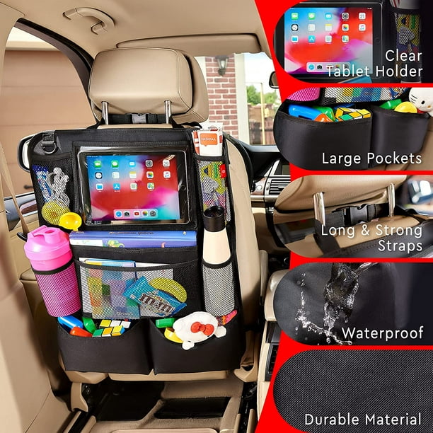 Organizador de asiento trasero de coche para niños con soporte transparente  para tableta con pantalla táctil y 2 bolsillos de almacenamiento, protector  de asiento trasero de coche, organizador de alfombrilla, accesorios de