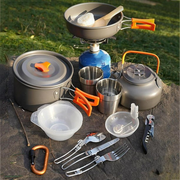 Juego de ollas de acero inoxidable para acampar al aire libre, utensilios  de cocina portátiles para