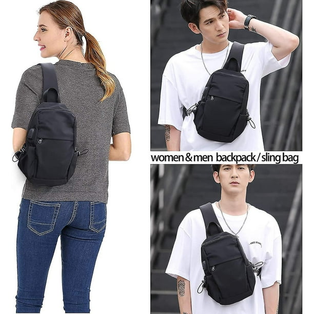 Mochila bandolera para hombre, mochila cruzada de hombro, impermeable,  pequeña, senderismo, multiusos, con puerto de carga USB, Negro-1, Duradero