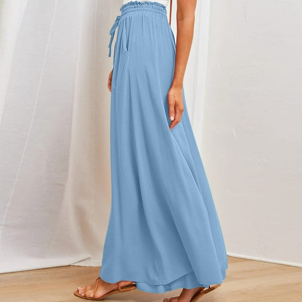 Pantalones Anchos Pantalones de pierna ancha casuales para mujer Pantalones  largos de verano de moda con cordones (Azul S) Cgtredaw Para estrenar