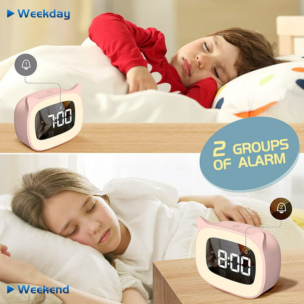 Reloj despertador de dormitorio para niños, reloj despertador de noche con  luz nocturna de 7 colores, mini reloj despertador de música con 8 sonidos