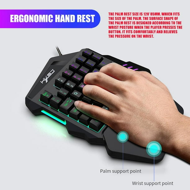 Combo de teclado RGB para juegos de una mano y mouse retroiluminado,  teclado de sensación mecánica de una sola mano con soporte para  reposamuñecas