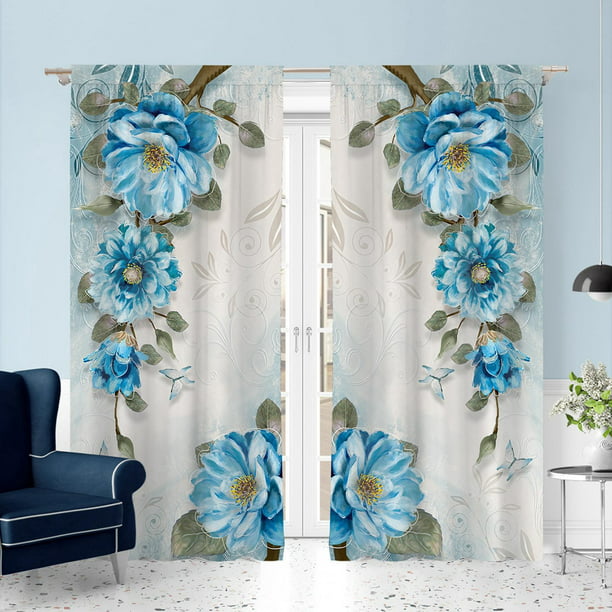 Elegantes cortinas de cocina con estampado de flores azules, cenefa con  bolsillo para barra, paneles de cortina para dormitorio, sala de estar,  baño