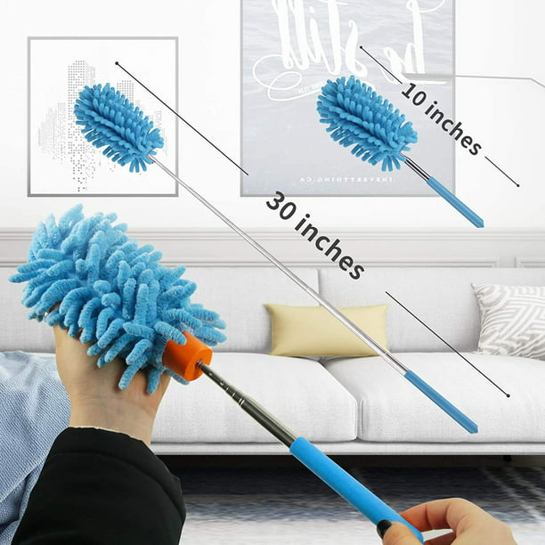 Plumero telescópico de microfibra flexible con poste extensible y cepillo  de limpieza lavable perfecto para oficina/hogar/automóvil (azul + gris)