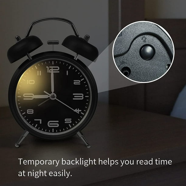 Reloj despertador de doble campana, reloj de escritorio silencioso de 4  pulgadas con luz de fondo para adultos que duermen con pilas, para mesa