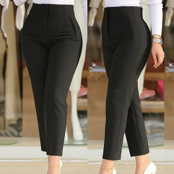 Pantalones de trabajo recortados de cintura alta para mujer, moda