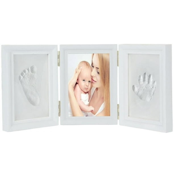 Huella y huella de la mano del bebé, marco de madera para bebés
