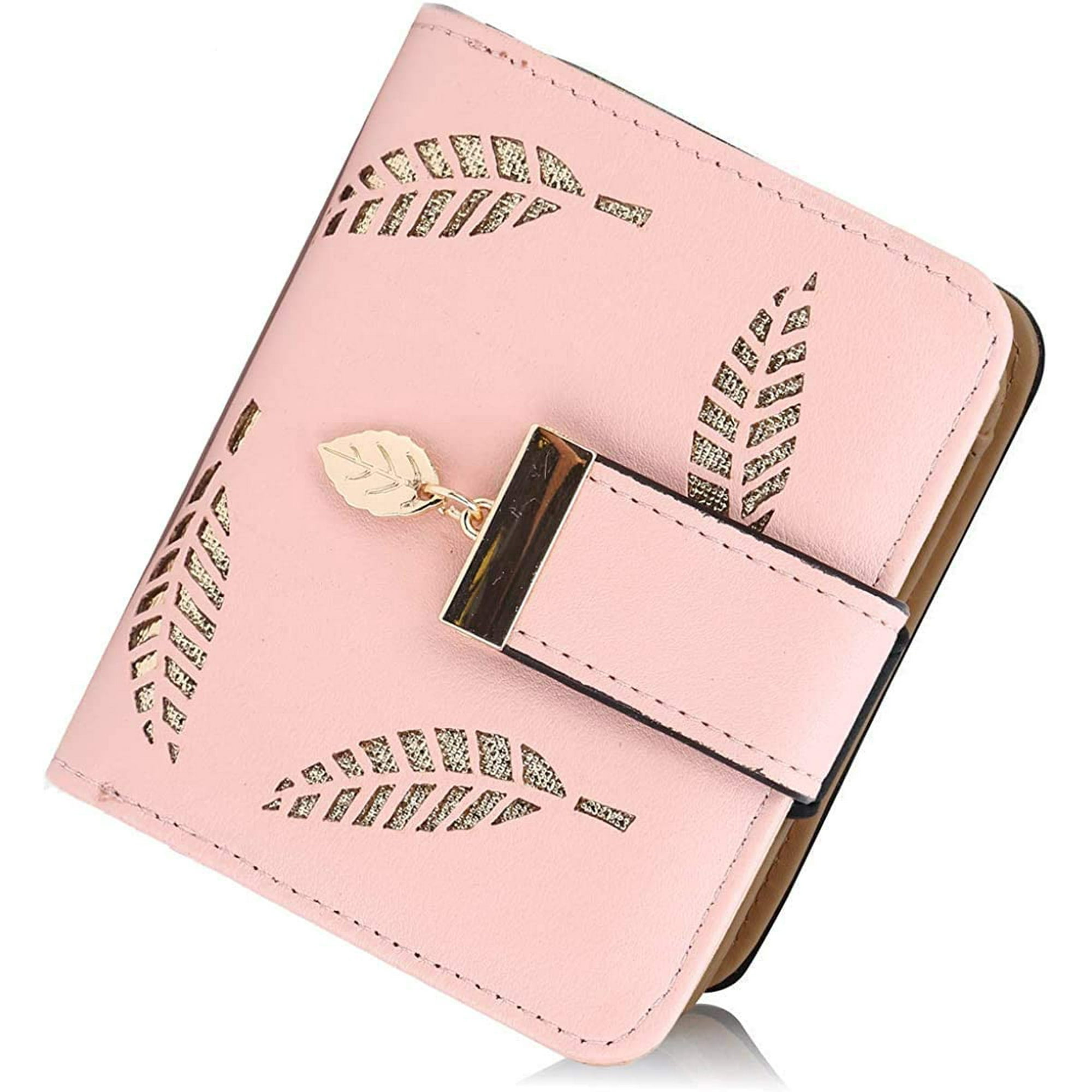Monedero corto rosa para mujer, cartera de cuero plegable, tarjetero,  monederos pequeños, hebilla con cremallera