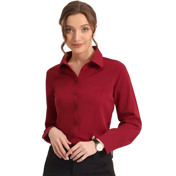 Camisa de trabajo de manga larga con botones en color block para mujer Rojo  Sólido XL Unique Bargains cintura de corte recto tamaño regular básico