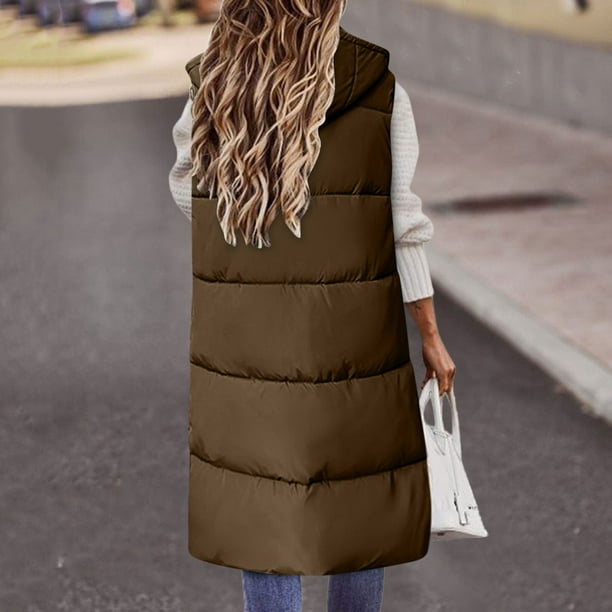 Chaleco largo de plumón con capucha para mujer, sin mangas, cálido, con  cremallera, chaqueta acolchada y acolchada, A-caqui