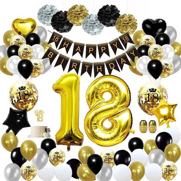 Decoraciones de fiesta de cumpleaños de 18 años en oro negro, 18 globos  Happy 18th Birthday Banners, pompones de papel, globos de aluminio para