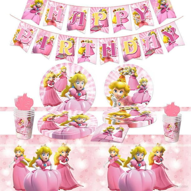 92 Piezas Princesa Vajilla Cumpleaños Infantil, Decoracion Cumpleaños  Vajilla de Fiesta de Princess Peach Incluye Platos Manteles Globos Banner