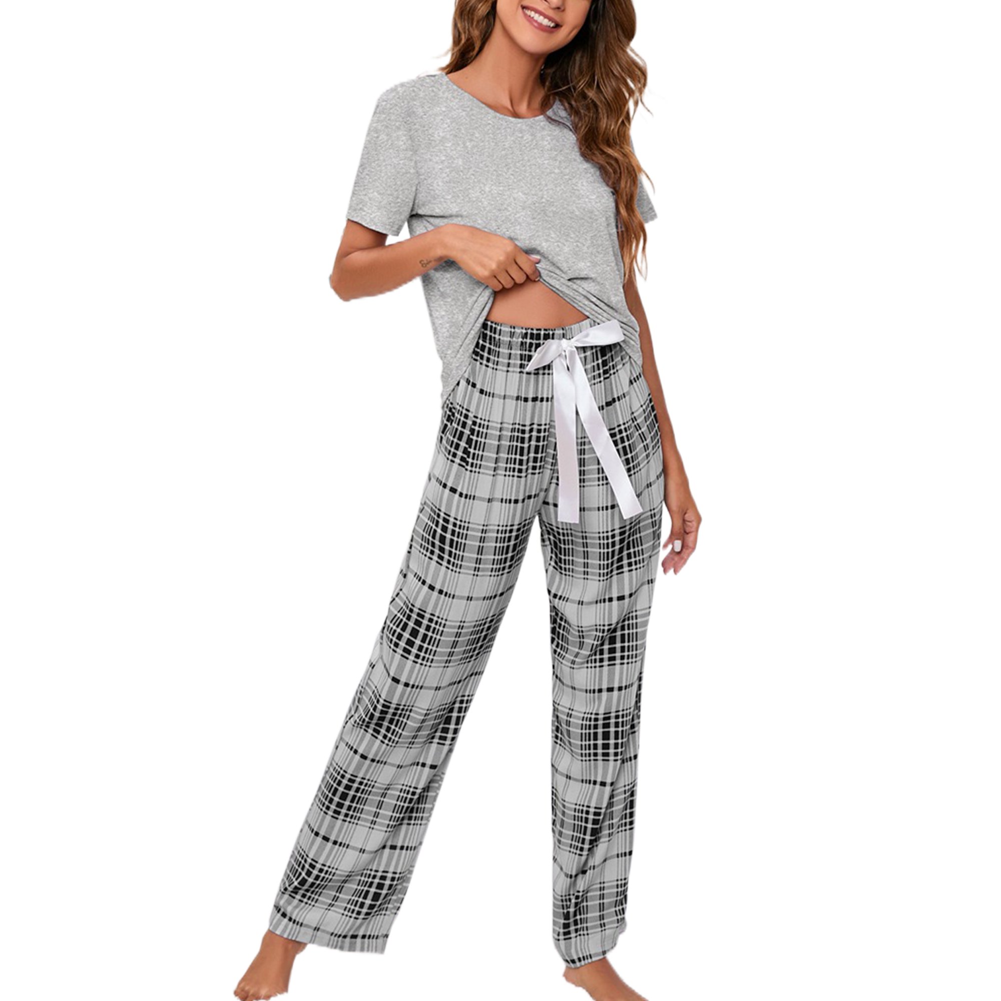  Pantalones de pijama a cuadros para mujer, suaves, de cintura  alta, con cordón, casual, pantalones de pijama a cuadros, Negro-1 :  Deportes y Actividades al Aire Libre